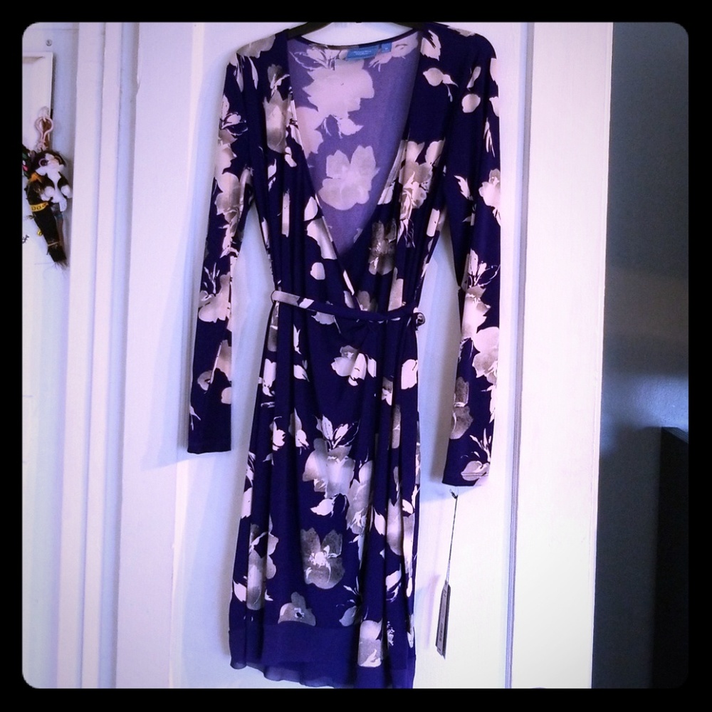 Vera Wang Blue Floral Print Wrap Around Dress New